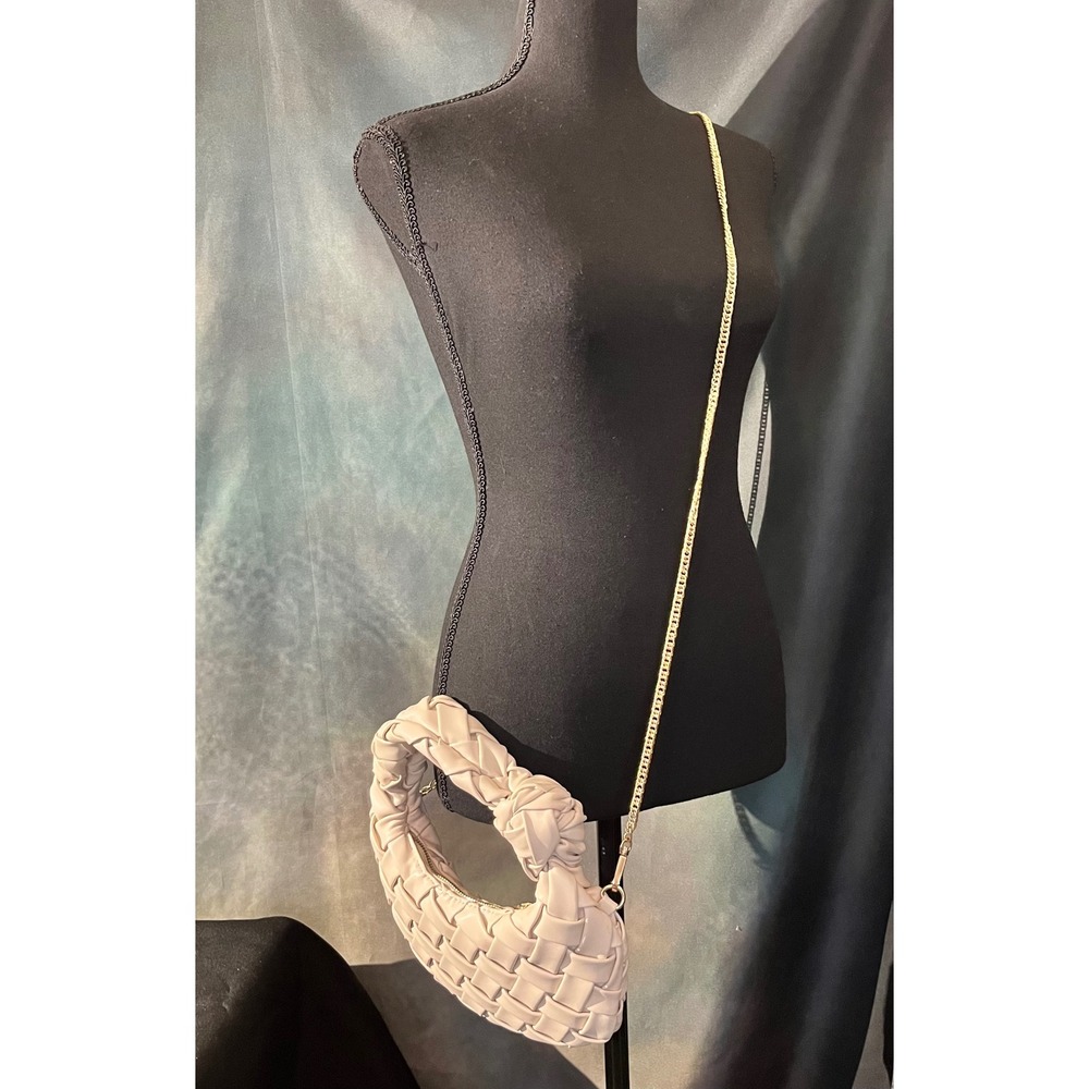 Urban Expressions Cream Woven Knot Handle Shoulder Bag Gold Chain Crossbody - Picture 9 of 12
